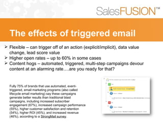  Flexible – can trigger off of an action (explicit/implicit), data value
change, lead score value
 Higher open rates – up to 60% in some cases
 Content hogs – automated, triggered, multi-step campaigns devour
content at an alarming rate….are you ready for that?
The effects of triggered email
Fully 75% of brands that use automated, event-
triggered, email marketing programs (also called
lifecycle email marketing) say these campaigns
generate better results than traditional blast
campaigns, including increased subscriber
engagement (67%), increased campaign performance
(55%), higher customer satisfaction and retention
(54%), higher ROI (45%), and increased revenue
(46%), according to a StrongMail survey.
 
