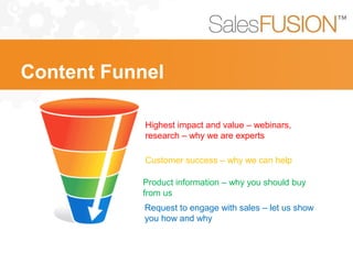 Content Funnel
Highest impact and value – webinars,
research – why we are experts
Customer success – why we can help
Product information – why you should buy
from us
Request to engage with sales – let us show
you how and why
 