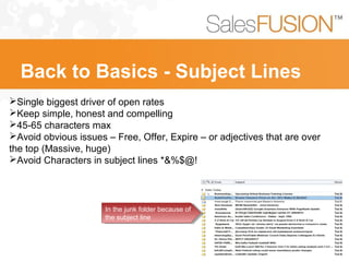 Single biggest driver of open rates
Keep simple, honest and compelling
45-65 characters max
Avoid obvious issues – Free, Offer, Expire – or adjectives that are over
the top (Massive, huge)
Avoid Characters in subject lines *&%$@!
In the junk folder because of
the subject line
In the junk folder because of
the subject line
Back to Basics - Subject Lines
 