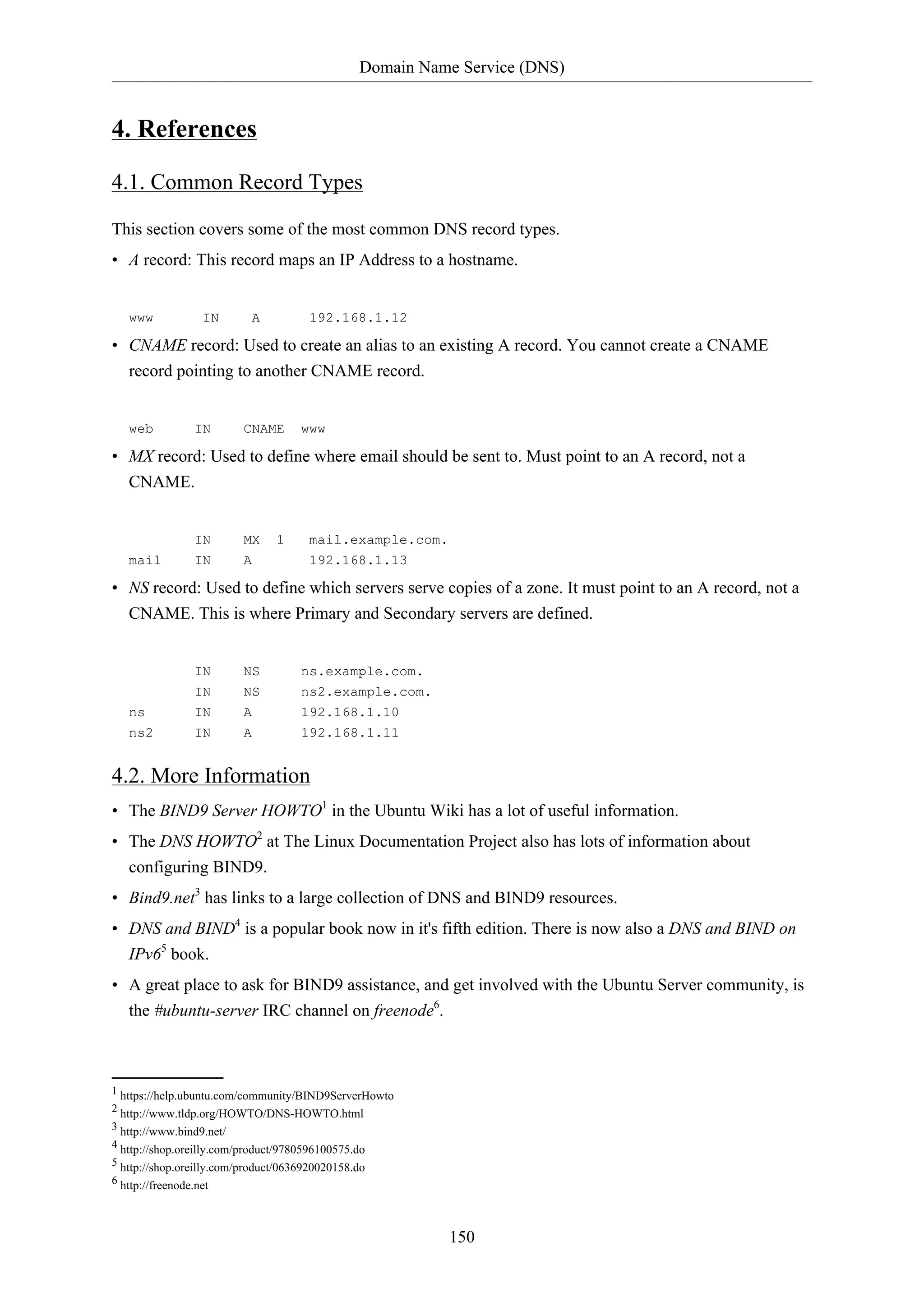 Domain Name Service (DNS)
150
4. References
4.1. Common Record Types
This section covers some of the most common DNS record types.
• A record: This record maps an IP Address to a hostname.
www IN A 192.168.1.12
• CNAME record: Used to create an alias to an existing A record. You cannot create a CNAME
record pointing to another CNAME record.
web IN CNAME www
• MX record: Used to define where email should be sent to. Must point to an A record, not a
CNAME.
IN MX 1 mail.example.com.
mail IN A 192.168.1.13
• NS record: Used to define which servers serve copies of a zone. It must point to an A record, not a
CNAME. This is where Primary and Secondary servers are defined.
IN NS ns.example.com.
IN NS ns2.example.com.
ns IN A 192.168.1.10
ns2 IN A 192.168.1.11
4.2. More Information
• The BIND9 Server HOWTO1
in the Ubuntu Wiki has a lot of useful information.
• The DNS HOWTO2
at The Linux Documentation Project also has lots of information about
configuring BIND9.
• Bind9.net3
has links to a large collection of DNS and BIND9 resources.
• DNS and BIND4
is a popular book now in it's fifth edition. There is now also a DNS and BIND on
IPv65
book.
• A great place to ask for BIND9 assistance, and get involved with the Ubuntu Server community, is
the #ubuntu-server IRC channel on freenode6
.
1 https://help.ubuntu.com/community/BIND9ServerHowto
2 http://www.tldp.org/HOWTO/DNS-HOWTO.html
3 http://www.bind9.net/
4 http://shop.oreilly.com/product/9780596100575.do
5 http://shop.oreilly.com/product/0636920020158.do
6 http://freenode.net
 