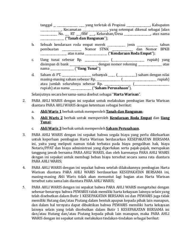 Contoh Surat Pernyataan Pembagian Harta Bersama