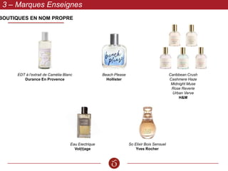 3 – Marques Enseignes
BOUTIQUES EN NOM PROPRE
EDT à l’extrait de Camélia Blanc
Durance En Provence
Eau Electrique
Vol(t)age
Caribbean Crush
Cashmere Haze
Midnight Muse
Rose Reverie
Urban Verve
H&M
Beach Please
Hollister
So Elixir Bois Sensuel
Yves Rocher
 