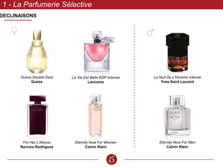DECLINAISONS
1 - La Parfumerie Sélective
Guess Double Dare
Guess
Eternity Now For Women
Calvin Klein
La Vie Est Belle EDP Intense
Lancome
For Her L’Absolu
Narciso Rodriguez
La Nuit De L’Homme Intense
Yves Saint Laurent
Eternity Now For Men
Calvin Klein
 