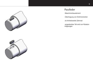 Passfeder
-Maschinenbauelement
-Übertragung von Drehmomenten
-zb Antriebswelle Zahnrad
-angestecktes Teil wird von Rotation
mitgezogen
6
 