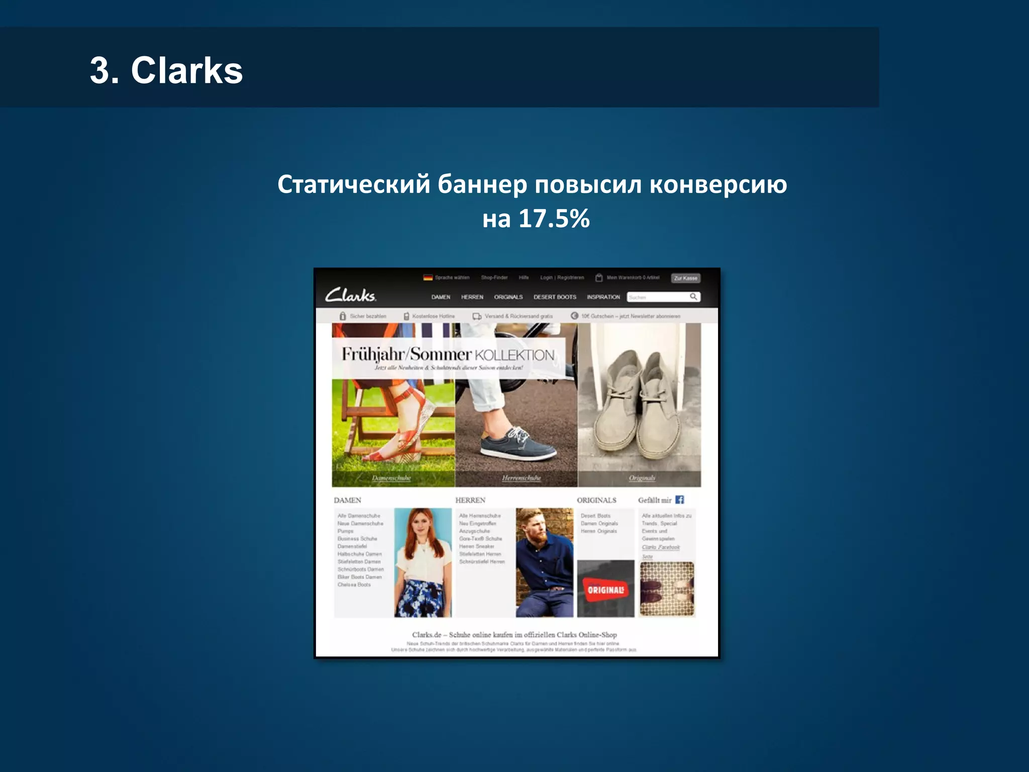 3. Clarks
Статический баннер повысил конверсию
на 17.5%
 