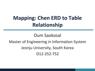 Oum Saokosal
Master of Engineering in Information System
Jeonju University, South Korea
O12-252-752
Mapping: Chen ERD to Table
Relationship
 