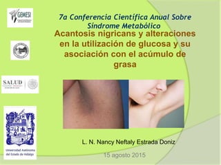 7a Conferencia Científica Anual Sobre
Síndrome Metabólico
Acantosis nigricans y alteraciones
en la utilización de glucosa y su
asociación con el acúmulo de
grasa
L. N. Nancy Neftaly Estrada Doniz
15 agosto 2015
 