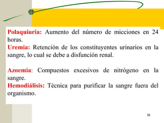 58
Polaquiuria: Aumento del número de micciones en 24
horas.
Uremia: Retención de los constituyentes urinarios en la
sangre, lo cual se debe a disfunción renal.
Azoemia: Compuestos excesivos de nitrógeno en la
sangre.
Hemodiálisis: Técnica para purificar la sangre fuera del
organismo.
 