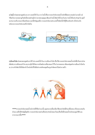 6
4.ว่ายน้า ช่วยเผาผลาญพลังงาน 653 แคลอลี่/ชั่วโมง การว่ายน้าเป็นการออกกาลังกายลดน้าหนักที่มีผลกระทบต่อร่างกายต่า แต่
ให้ผลในการเผาผลาญไขมันที่สะสมตัวอยู่ในร่างกายของคุณสูง เพียงแค่ว่ายน้าเพียงไม่กี่รอบในสระว่ายน้าเป็นประจาทุกวัน คุณก็
จะสามารถเห็นรอบเอวที่ลดน้อยลง และที่สาคัญเลยคือ การออกกาลังกายประเภทนี้ไม่มีเหงื่อให้รู้สึกเหนียวตัว หรือกังวลใจ
หลังจากการออกกาลังกายเสร็จ อีกด้วย
5.เต้นแอโรบิค ช่วยเผาผลาญพลังงานได้399 แคลอลี่/ชั่วโมง การเต้นแอโรบิค เป็นวิธีการออกกาลังกายลดน้าหนักที่ดี ด้วยการช่วย
เพิ่มอัตราการเต้นของหัวใจ และกระตุ้นให้เกิดการหลั่งพลังงานที่สะสมเอาไว้ในร่างกายออกมา เพียงแค่คุณทาการเต้นแอโรบิดวัน
ละ 20 นาที เพียงไม่กี่สัปดาห์ น้าหนักตัวที่ไม่พึงประสงค์ของคุณก็จะถูกกาจัดออกไปอย่างรวดเร็ว
****การออกกาลังกายลดน้าหนัก ดังที่ได้กล่าวมานั้น คุณสามารถที่จะเลือกวิธีออกกาลังที่ตัวเองชื่นชอบ หรือเหมาะสมกับ
ตัวเอง แต่สิ่งที่สาคัญที่สุดคือ การออกกาลังกายอย่างเป็นประจาสม่าเสมอ จึงจะเป็นสิ่งที่ช่วยลดน้าหนักของคุณให้ดี และ
ยาวนานมากขึ้น****
 