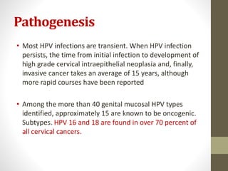 Pathogenesis
• Most HPV infections are transient. When HPV infection
persists, the time from initial infection to development of
high grade cervical intraepithelial neoplasia and, finally,
invasive cancer takes an average of 15 years, although
more rapid courses have been reported
• Among the more than 40 genital mucosal HPV types
identified, approximately 15 are known to be oncogenic.
Subtypes. HPV 16 and 18 are found in over 70 percent of
all cervical cancers.
 