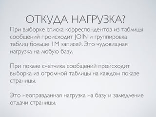 ОТКУДА НАГРУЗКА?
При выборке списка корреспондентов из таблицы
сообщений происходит JOIN и группировка
таблиц больше 1M записей. Это чудовищная
нагрузка на любую базу.
При показе счетчика сообщений происходит
выборка из огромной таблицы на каждом показе
страницы.
Это неоправданная нагрузка на базу и замедление
отдачи страницы.
 