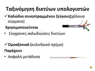 Ταξινόμηση δικτύων υπολογιστών
Καλώδια συνεστραμμένου ζεύγους(χάλκινα
σύρματα)
Χρησιμοποιούνται
• Σύγχρονες καλωδιώσεις δικτύων
Ομοαξονικά (κυλινδρικό σχήμα)
Παρέχουν
• Ασφαλή μετάδοση
 