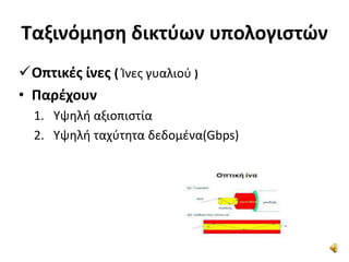 Ταξινόμηση δικτύων υπολογιστών
Οπτικές ίνες ( Ίνες γυαλιού )
• Παρέχουν
1. Υψηλή αξιοπιστία
2. Yψηλή ταχύτητα δεδομένα(Gbps)
 