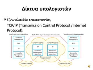 Δίκτυα υπολογιστών
Πρωτόκολλο επικοινωνίας
TCP/IP (Transmission Control Protocol /Internet
Protocol).
 