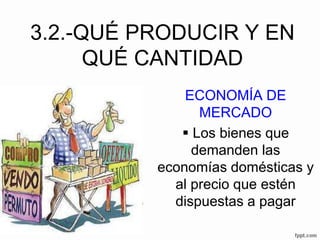 3.2.-QUÉ PRODUCIR Y EN
QUÉ CANTIDAD
ECONOMÍA DE
MERCADO
 Los bienes que
demanden las
economías domésticas y
al precio que estén
dispuestas a pagar
 