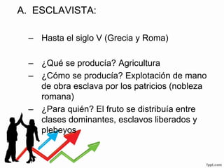A. ESCLAVISTA:
– Hasta el siglo V (Grecia y Roma)
– ¿Qué se producía? Agricultura
– ¿Cómo se producía? Explotación de mano
de obra esclava por los patricios (nobleza
romana)
– ¿Para quién? El fruto se distribuía entre
clases dominantes, esclavos liberados y
plebeyos
 