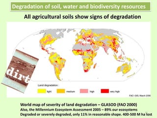 All agricultural soils show signs of degradation
World map of severity of land degradation – GLASOD (FAO 2000)
Also, the Millennium Ecosystem Assessment 2005 – 89% our ecosystems
Degraded or severely degraded, only 11% in reasonable shape. 400-500 M ha lost
11
Degradation of soil, water and biodiversity resources
 