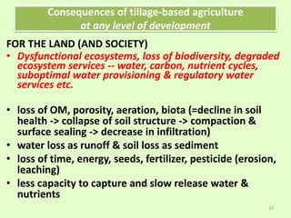 Consequences of tillage-based agriculture
at any level of development
FOR THE LAND (AND SOCIETY)
• Dysfunctional ecosystems, loss of biodiversity, degraded
ecosystem services -- water, carbon, nutrient cycles,
suboptimal water provisioning & regulatory water
services etc.
• loss of OM, porosity, aeration, biota (=decline in soil
health -> collapse of soil structure -> compaction &
surface sealing -> decrease in infiltration)
• water loss as runoff & soil loss as sediment
• loss of time, energy, seeds, fertilizer, pesticide (erosion,
leaching)
• less capacity to capture and slow release water &
nutrients
13
 