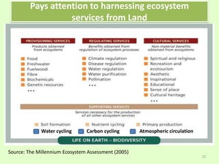 Pays attention to harnessing ecosystem
services from Land
Water cycling Carbon cycling Atmospheric circulation
22
Source: The Millennium Ecosystem Assessment (2005)
 