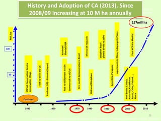 Worldwide adoption of
Conservation Agriculture
Connference on Conservation Agriculture for Smallholders in Asia and Africa. 7-11 December, Mymensigh University, Bangldesh
100
Dustbowl
1930 20001950
USSoilConservationService
conservationtillage
dustbowl
Siberia/USSR
Faulkner(US)–Fukuoka(Japan)
commercialno-till/US
firstno-tilldemonstrationinBrazil
Oldrieve/Zimbabwe
adoptionBrazil
plantiodiretonapalha
experimentsinChina,IndogangeticPlains
Newboost:Canada,
Australia,Kazakhstan,
Russia,China,Finland...;
Africa
Argentina,Paraguay;
1980 1990
Firstno-tillintheUS
IITAno-tillresearch
50
Mill.ha
History and Adoption of CA (2013). Since
2008/09 increasing at 10 M ha annually
1970 2010
157mill ha
firstno-tillfarmersinUSA
FirstWCCAinMadrid
25
 