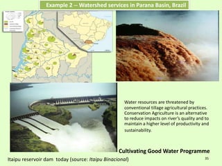 Itaipu reservoir dam today (source: Itaipu Binacional)
Water resources are threatened by
conventional tillage agricultural practices.
Conservation Agriculture is an alternative
to reduce impacts on river’s quality and to
maintain a higher level of productivity and
sustainability.
Cultivating Good Water Programme
35
Example 2 -- Watershed services in Parana Basin, Brazil
 