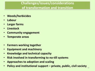 Challenges/issues/considerations
of transformation and transition
• Weeds/herbicides
• Labour
• Larger farms
• Livestock
• Community engagement
• Temperate areas
• Farmers working together
• Equipment and machinery
• Knowledge and technical capacity
• Risk involved in transforming to no-till systems
• Approaches to adoption and scaling
• Policy and institutional support – private, public, civil society 42
 