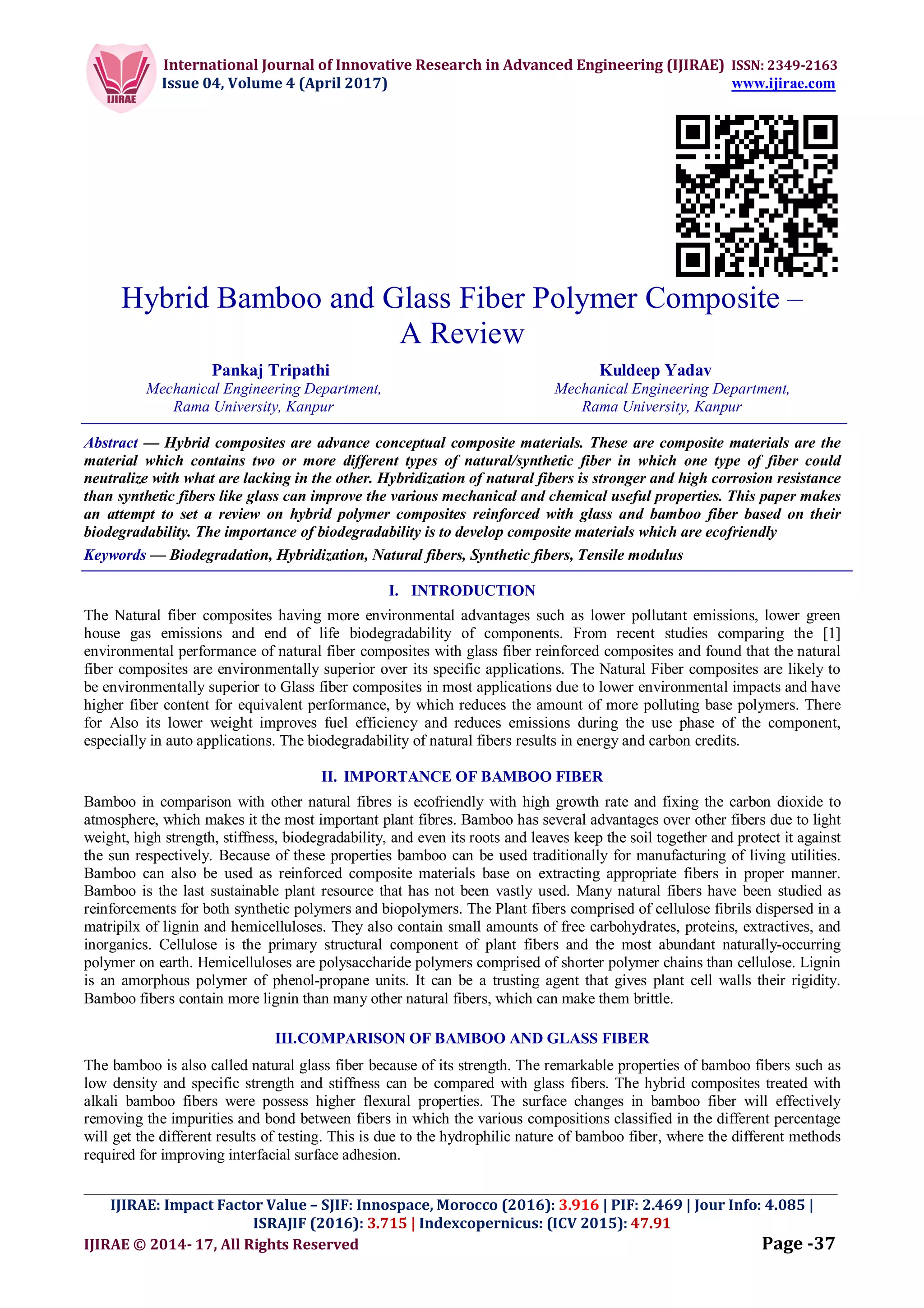 Hybrid Bamboo and Glass Fiber Polymer Composite – A Review | PDF