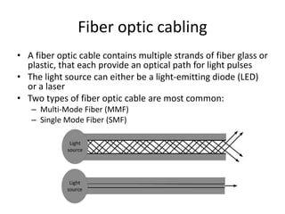 Fiber optic cabling
• A fiber optic cable contains multiple strands of fiber glass or
plastic, that each provide an optical path for light pulses
• The light source can either be a light-emitting diode (LED)
or a laser
• Two types of fiber optic cable are most common:
– Multi-Mode Fiber (MMF)
– Single Mode Fiber (SMF)
 