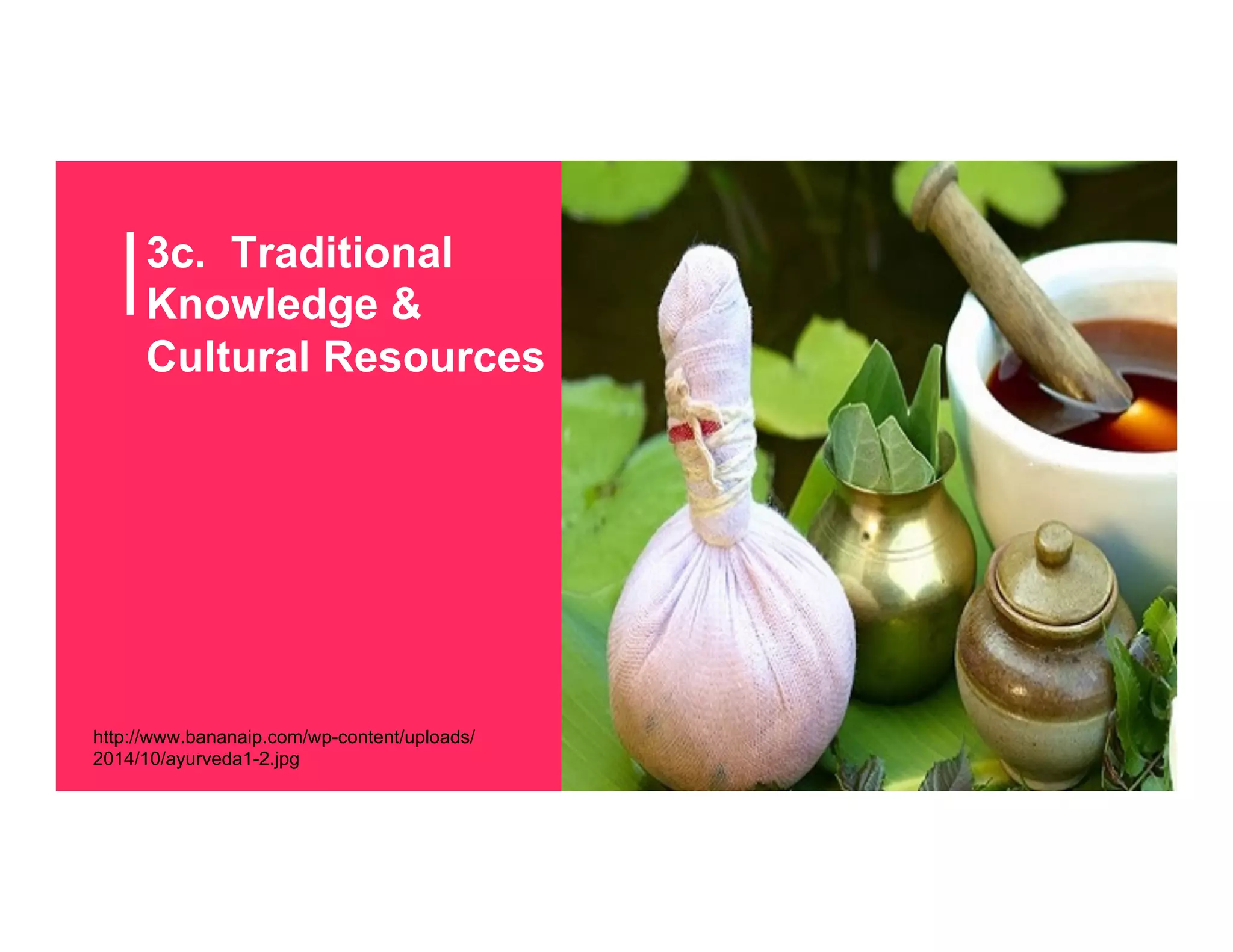 3c. Traditional
Knowledge &
Cultural Resources
http://www.bananaip.com/wp-content/uploads/
2014/10/ayurveda1-2.jpg
 