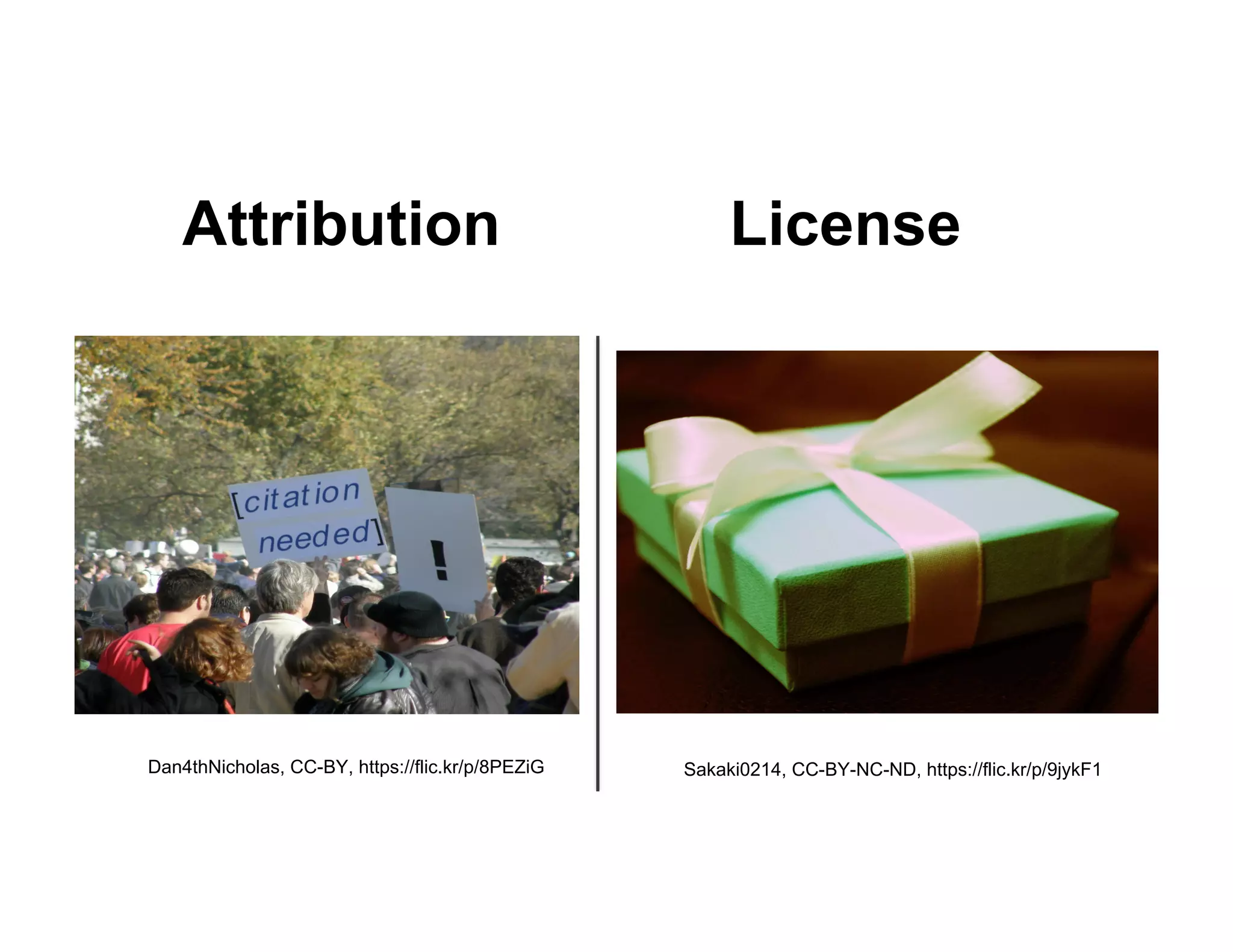 Attribution License
Dan4thNicholas, CC-BY, https://flic.kr/p/8PEZiG Sakaki0214, CC-BY-NC-ND, https://flic.kr/p/9jykF1
 