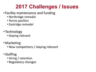 2017 Challenges / Issues
•Facility maintenance and funding
• Northridge remodel
• Tennis pavilion
• Eastridge remodel
•Technology
• Staying relevant
•Marketing
• New competitors / staying relevant
•Staffing
• Hiring / retention
• Regulatory changes
7
 