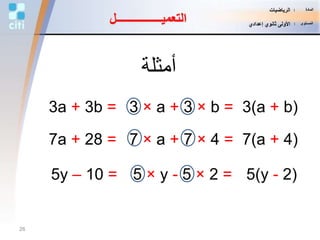 7 × a + 7 × 4 =
5 × y - 5 × 2 =
‫أمثلة‬
3(a + b)3a + 3b = 3 × a + 3 × b =
7(a + 4)7a + 28 =
5(y - 2)5y – 10 =
‫التعميــــــــــــــــل‬
26
‫المادة‬:‫الرياضيات‬
‫المستوى‬:‫إعدادي‬ ‫ثانوي‬ ‫األولى‬
 