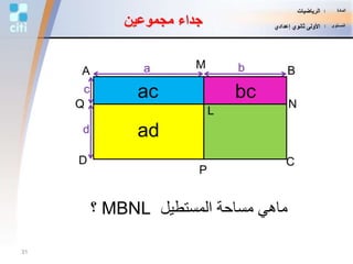 ‫مجموعين‬ ‫جداء‬
A
CD
B
M
P
Q N
L
ac
a b
c
d ad
‫المستطيل‬ ‫مساحة‬ ‫ماهي‬MBNL‫؟‬
bc
31
‫المادة‬:‫الرياضيات‬
‫المستوى‬:‫إعدادي‬ ‫ثانوي‬ ‫األولى‬
 