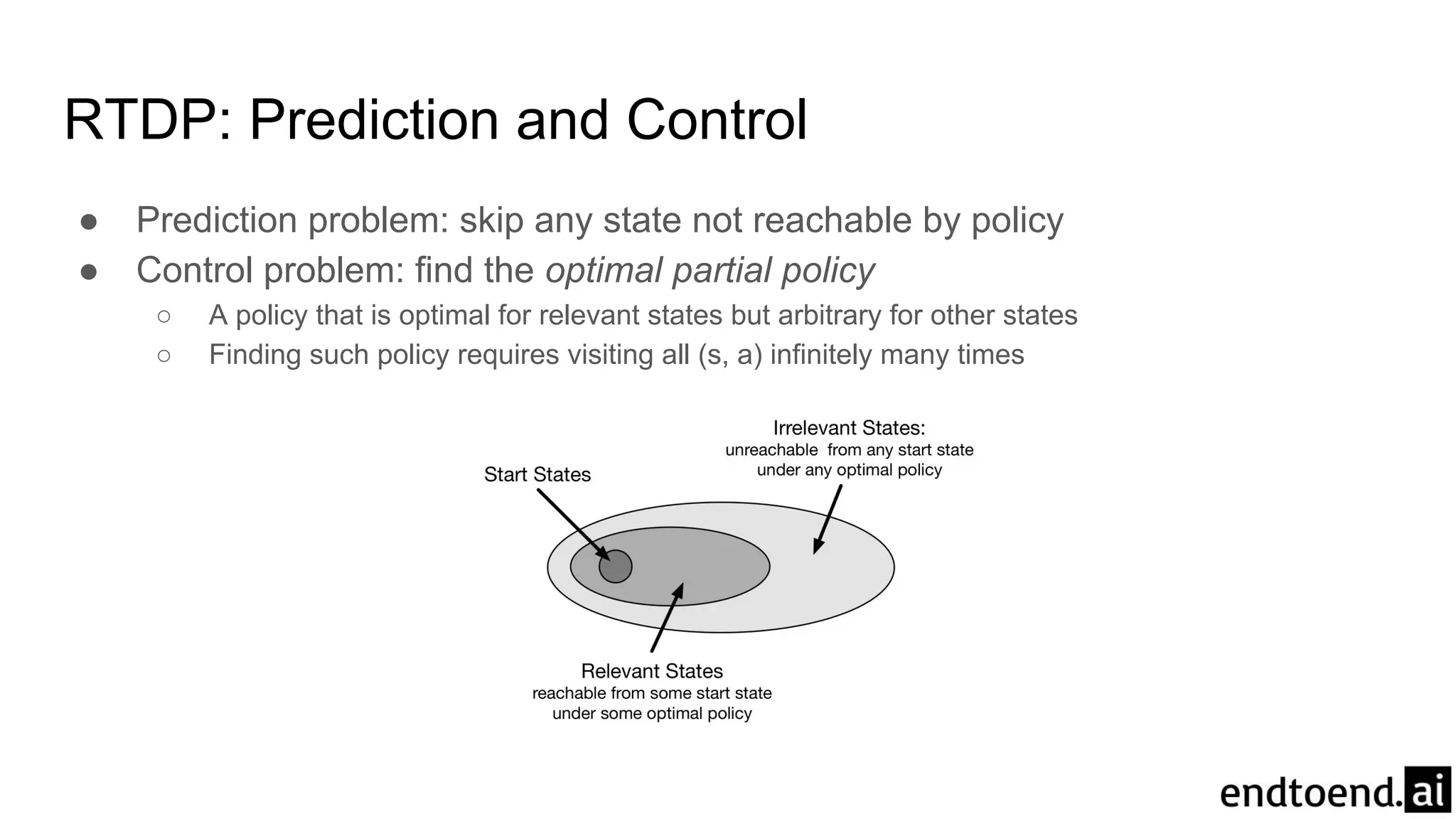RTDP: Prediction and Control
● Prediction problem: skip any state not reachable by policy
● Control problem: find the optimal partial policy
○ A policy that is optimal for relevant states but arbitrary for other states
○ Finding such policy requires visiting all (s, a) infinitely many times
 