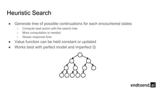 Heuristic Search
● Generate tree of possible continuations for each encountered states
○ Compute best action with the search tree
○ More computation is needed
○ Slower response time
● Value function can be held constant or updated
● Works best with perfect model and imperfect Q
 
