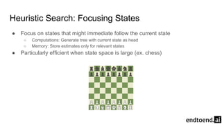 Heuristic Search: Focusing States
● Focus on states that might immediate follow the current state
○ Computations: Generate tree with current state as head
○ Memory: Store estimates only for relevant states
● Particularly efficient when state space is large (ex. chess)
 