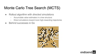 Monte Carlo Tree Search (MCTS)
● Rollout algorithm with directed simulations
○ Accumulate value estimates in a tree structure
○ Direct simulations toward more high-rewarding trajectories
● Behind successes in Go
 