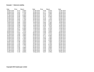 Example 1 Historical volatility
Date Price Return Date Price Return Date
30 Dec 2016 12.13 -0.82% 31 Dec 2015 14.09 -0.57% 31 Dec 2014
29 Dec 2016 12.23 -0.16% 30 Dec 2015 14.17 -0.42% 30 Dec 2014
28 Dec 2016 12.25 -1.14% 29 Dec 2015 14.23 0.35% 29 Dec 2014
27 Dec 2016 12.39 -0.56% 28 Dec 2015 14.18 -0.91% 26 Dec 2014
23 Dec 2016 12.46 0.48% 24 Dec 2015 14.31 -0.35% 24 Dec 2014
22 Dec 2016 12.40 -1.92% 23 Dec 2015 14.36 1.12% 23 Dec 2014
21 Dec 2016 12.64 -1.10% 22 Dec 2015 14.20 3.37% 22 Dec 2014
20 Dec 2016 12.78 0.94% 21 Dec 2015 13.73 -0.51% 19 Dec 2014
19 Dec 2016 12.66 0.24% 18 Dec 2015 13.80 -1.30% 18 Dec 2014
16 Dec 2016 12.63 0.40% 17 Dec 2015 13.98 -2.68% 17 Dec 2014
15 Dec 2016 12.58 0.40% 16 Dec 2015 14.36 3.47% 16 Dec 2014
14 Dec 2016 12.53 -1.90% 15 Dec 2015 13.87 1.82% 15 Dec 2014
13 Dec 2016 12.77 -0.39% 14 Dec 2015 13.62 -0.15% 12 Dec 2014
12 Dec 2016 12.82 -2.69% 11 Dec 2015 13.64 -2.32% 11 Dec 2014
09 Dec 2016 13.17 1.07% 10 Dec 2015 13.96 0.50% 10 Dec 2014
08 Dec 2016 13.03 -0.23% 09 Dec 2015 13.89 -0.57% 09 Dec 2014
07 Dec 2016 13.06 3.90% 08 Dec 2015 13.97 -1.07% 08 Dec 2014
06 Dec 2016 12.56 0.96% 07 Dec 2015 14.12 -0.56% 05 Dec 2014
05 Dec 2016 12.44 1.62% 04 Dec 2015 14.20 1.56% 04 Dec 2014
02 Dec 2016 12.24 -1.54% 03 Dec 2015 13.98 -1.98% 03 Dec 2014
01 Dec 2016 12.43 3.85% 02 Dec 2015 14.26 -2.08% 02 Dec 2014
30 Nov 2016 11.96 0.34% 01 Dec 2015 14.56 1.59% 01 Dec 2014
29 Nov 2016 11.92 0.00% 30 Nov 2015 14.33 -1.39% 28 Nov 2014
28 Nov 2016 11.92 -1.00% 27 Nov 2015 14.53 -0.14% 26 Nov 2014
25 Nov 2016 12.04 1.17% 25 Nov 2015 14.55 0.00% 25 Nov 2014
23 Nov 2016 11.90 0.08% 24 Nov 2015 14.55 0.00% 24 Nov 2014
22 Nov 2016 11.89 0.84% 23 Nov 2015 14.55 -0.34% 21 Nov 2014
21 Nov 2016 11.79 0.25% 20 Nov 2015 14.60 0.21% 20 Nov 2014
18 Nov 2016 11.76 -0.93% 19 Nov 2015 14.57 0.76% 19 Nov 2014
Copyright 2018 CapitaLogic Limited
 