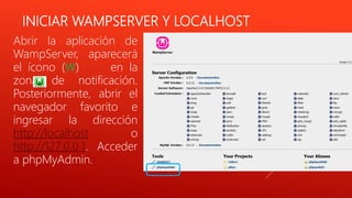 INICIAR WAMPSERVER Y LOCALHOST
Abrir la aplicación de
WampServer, aparecerá
el ícono (W) en la
zona de notificación.
Posteriormente, abrir el
navegador favorito e
ingresar la dirección
http://localhost o
http://127.0.0.1. Acceder
a phpMyAdmin.
 