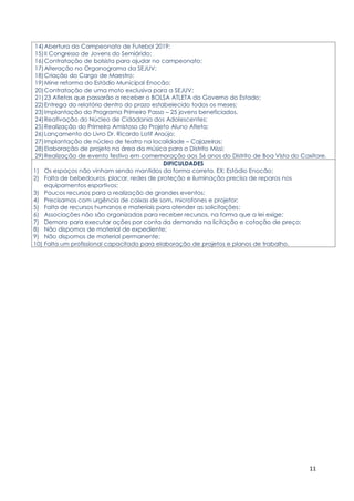 11
14)Abertura do Campeonato de Futebol 2019;
15)II Congresso de Jovens do Semiárido;
16)Contratação de bolsista para ajudar no campeonato;
17)Alteração no Organograma da SEJUV;
18)Criação do Cargo de Maestro;
19)Mine reforma do Estádio Municipal Enocão;
20)Contratação de uma moto exclusiva para a SEJUV;
21)23 Atletas que passarão a receber o BOLSA ATLETA do Governo do Estado;
22)Entrega do relatório dentro do prazo estabelecido todos os meses;
23)Implantação do Programa Primeiro Passo – 25 jovens beneficiados.
24)Reativação do Núcleo de Cidadania dos Adolescentes;
25)Realização do Primeiro Amistoso do Projeto Aluno Atleta;
26)Lançamento do Livro Dr. Ricardo Lotif Araújo;
27)Implantação de núcleo de teatro na localidade – Cajazeiras;
28)Elaboração de projeto na área da música para o Distrito Missi;
29)Realização de evento festivo em comemoração aos 56 anos do Distrito de Boa Vista do Caxitore.
DIFICULDADES
1) Os espaços não vinham sendo mantidos da forma correta. EX: Estádio Enocão;
2) Falta de bebedouros, placar, redes de proteção e iluminação precisa de reparos nos
equipamentos esportivos;
3) Poucos recursos para a realização de grandes eventos;
4) Precisamos com urgência de caixas de som, microfones e projetor;
5) Falta de recursos humanos e materiais para atender as solicitações;
6) Associações não são organizadas para receber recursos, na forma que a lei exige;
7) Demora para executar ações por conta da demanda na licitação e cotação de preço;
8) Não dispomos de material de expediente;
9) Não dispomos de material permanente;
10) Falta um profissional capacitado para elaboração de projetos e planos de trabalho.
 