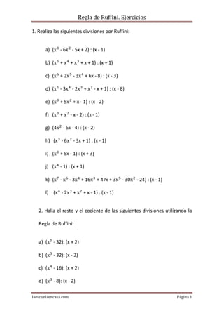 Regla de Ruffini. Ejercicios
laescuelaencasa.com Página 1
1. Realiza las siguientes divisiones por Ruffini:
a) ( - 6 - 5x + 2) : (x - 1)
b) ( + + + x + 1) : (x + 1)
c) ( + 2 - 3 + 6x - 8) : (x - 3)
d) ( - 3 - 2 + - x + 1) : (x - 8)
e) ( + 5 + x - 1) : (x - 2)
f) ( + - x - 2) : (x - 1)
g) (4 - 6x - 4) : (x - 2)
h) ( - 6 - 3x + 1) : (x - 1)
i) ( + 5x - 1) : (x + 3)
j) ( - 1) : (x + 1)
k) ( - - 3 + 16 + 47x + 3 - 30 - 24) : (x - 1)
l) ( - 2 + + x - 1) : (x - 1)
2. Halla el resto y el cociente de las siguientes divisiones utilizando la
Regla de Ruffini:
a) ( - 32): (x + 2)
b) ( - 32): (x - 2)
c) ( - 16): (x + 2)
d) ( - 8): (x - 2)
 