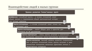 Взаимодействие людей в малых группах
Диффузная (случайная) группа – в основе отношений лежат
общие эмоции и переживания, общий краткосрочный интерес
или личные симпатии
Группа-ассоциация – в основе отношений лежат только лич-
но значимые цели
Группа-кооперация – имеют общую цель и единство дея-
тельности по её достижению
Группа-корпорация – члены группы вступают в межличност-
ные отношения, связанные частно-групповыми интересами
Группа-коллектив –высший уровень развития психологичес-
ких и деловых отношений; члены группы вступают в меж-
личностные отношения, связанные единством личных и
общественных интересов
Уровни развития (типы) малых групп
 
