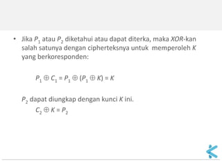 Contoh 9.3: P 01100101 (karakter ‘e’) K 00110101  (karakter ‘5’) C 01010000 (karakter ‘P’) P 01100101  (karakter ‘e’) K 00110101 (karakter ‘5’)  