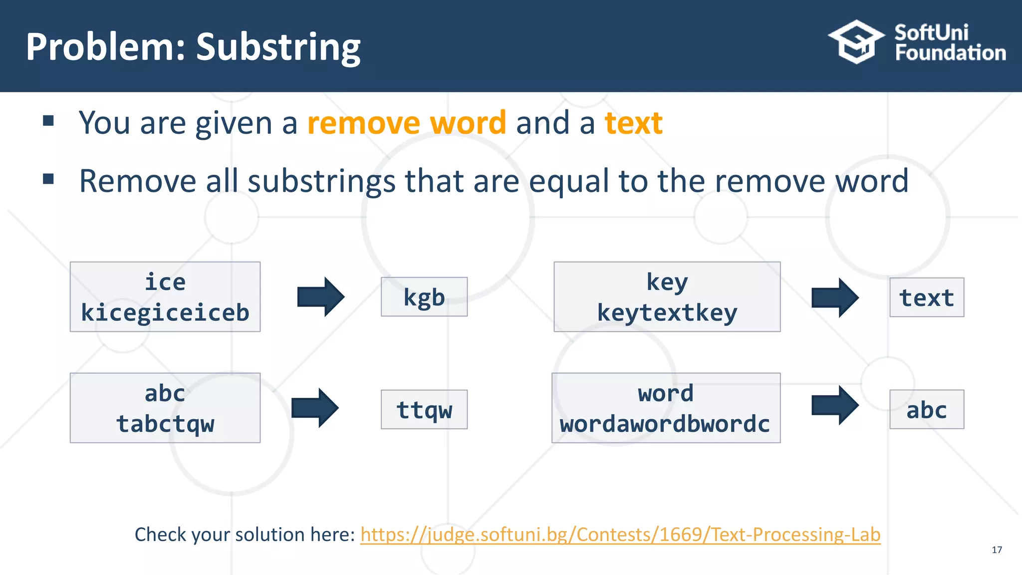 Problem: Substring
17
Check your solution here: https://judge.softuni.bg/Contests/1669/Text-Processing-Lab
 You are given a remove word and a text
 Remove all substrings that are equal to the remove word
ice
kicegiceiceb
kgb
abc
tabctqw
ttqw
key
keytextkey
text
word
wordawordbwordc
abc
 