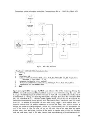 International Journal of Computer Networks & Communications (IJCNC) Vol.12, No.2, March 2020
58
Received nodes
Process DIO
- Discard DIO
- Stop Multicasting
Cell-Head election
Cell-Head?
RPL normal Process
From the same
cell?
Yes
Is it LeafNodeNo
no
Yes
No
Yes
Validate Node
Position
Move Outside
Cell
Cell-head?
yes
Multicast DIS
LeafNode = false
Multicast DIS
Yes
No
Sender_rank <
Own_rank
Or
Sender rank =
Own_rank &
Sender_ID <
Own _ID
LeafNode = True
Stop Multicasting
Root Initialize
DODAG
Multicast DIO
Do nothingNo
Figure.3. MCS-RPL Processes
Upon receiving the DIO message, the MCS node extracts it for further processing. Joining the
DODAG tree and selecting cell-head and leaf nodes are done implicitly using the same DIO
message without requiring extra control messages or overhead. This can be achieved by one or
more iterations of sending and receiving of these DIO messages. Each node that received its first
DIO will compute its RANK, select the sender as prefer parent, and join the tree. A node adds the
sender’s node information to its CellNodeCache if this sender’s DIO is from the same cell as this
node cell. The election process of the cell head node is very simple. A node verifies if the DIO
sender is from the same cell, and the sender rank is less than this node’s rank. If this is the case, it
assigns this sender as its preferred parent (default root) and sets (itself) as a leaf node (within the
cell). If the sender is from the same cell but has the same rank as this node, then the node's
highest battery level will be the cell-head. If the sender is from the same cell but has the same
rank and same battery level as this node, then the node highest battery level and lowest node ID
 
