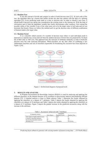 IJ-ICT ISSN: 2252-8776 
Predicting heart ailment in patients with varying number of features using data … (T R Stella Mary)
59
2.2. Random Tree
It uses the concept of divide and conquer in order to build decision trees [21]. At each node of the
tree, the algorithm takes up a feature that further divides the data into subsets with the help of a splitting
algorithm [22]. Every predicting node leads to a class or decision rule. In order to classify a new item, it
should build a decision tree taking into consideration the existing items in the training set. With the help of
information gain it finds the dependent variable that clearly discriminates other instances. Now among the
possible values of this variable if any of the value turns out to be the target value or leaf node and we can
terminate that branch. Hence we follow this method until we get the decision rules of different combination
of features leads to the target value.
2.3. Random Forest
It is a classifier which consists of n number of decision trees where in each individual result is
depicted as a separate tree. It was derived from the random decision of forest that was proposed by Tin Kam
Ho of Bell Labs in 1995 [23]. This approach does the selection of attributes randomly in order to build the
decision trees but with restricted fluctuations. Multi-classifiers are the after effect of combining a few
independent classifiers and sets of classifiers responsible for broadening the execution have been depicted in
Figure 1 [24].
Figure 1. Architectural diagram of proposed work
3. RESULTS AND ANALYSIS
In Waikato Environment for Knowledge Analysis (WEKA) is used for analyzing and applying the
different classifiers on the datasets because of its excellence in discovering, analysis and predicting efficient
patterns [25]. A detailed analysis is done in Weka wherein Table 1 represents the results obtained by
applying the classifiers on a dataset of 7 attributes. Table 2 depicts the results obtained by applying the
classifiers on a dataset of 10 attributes and Table 3 depicts the results obtained by applying the classifiers on
a dataset of 13 attributes. Figure 2 depicts the gradual increase in the prediction accuracies along with the
increase in the attributes.
Table 1. Accuracies Achieved with 7 Attributes
Evaluation criteria
Classifiers
Naïve Bayes Random Forest Random Tree
Time taken to build model (in sec) 0 0.25 0
Correctly classified instances 71 72 68
Incorrectly classified instances 20 19 23
Accuracy (%) 78.022% 79.1209% 74.7253%
 
