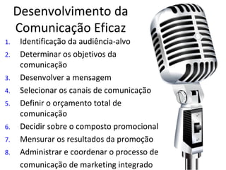 Desenvolvimento da
Comunicação Eficaz
1. Identificação da audiência-alvo
2. Determinar os objetivos da
comunicação
3. Desenvolver a mensagem
4. Selecionar os canais de comunicação
5. Definir o orçamento total de
comunicação
6. Decidir sobre o composto promocional
7. Mensurar os resultados da promoção
8. Administrar e coordenar o processo de
comunicação de marketing integrado
 