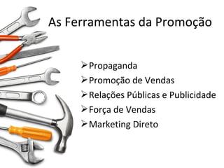 Propaganda
Promoção de Vendas
Relações Públicas e Publicidade
Força de Vendas
Marketing Direto
As Ferramentas da Promoção
 