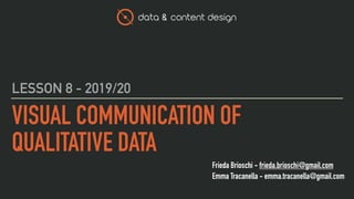data & content design
Frieda Brioschi - frieda.brioschi@gmail.com
Emma Tracanella - emma.tracanella@gmail.com
VISUAL COMMUNICATION OF
QUALITATIVE DATA
LESSON 8 - 2019/20
 