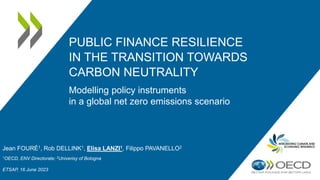 PUBLIC FINANCE RESILIENCE
IN THE TRANSITION TOWARDS
CARBON NEUTRALITY
Modelling policy instruments
in a global net zero emissions scenario
Jean FOURÉ1, Rob DELLINK1, Elisa LANZI1, Filippo PAVANELLO2
1OECD, ENV Directorate; 2Univerisy of Bologna
ETSAP, 16 June 2023
 